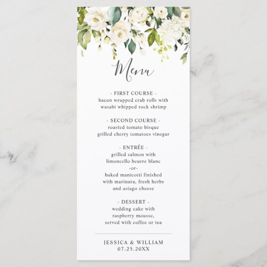 Elegant Eucalyptus White Roses Weddenschap Dinner Menu (Voorkant)