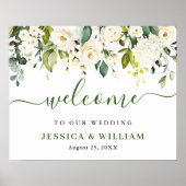 Elegant Eucalyptus White Roses Weddenschap Welkom Poster (Voorkant)