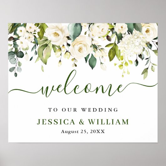 Elegant Eucalyptus White Roses Weddenschap Welkom Poster (Voorkant)