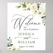 Elegant Eucalyptus White Roses Weddenschap Welkom Poster (Voorkant)