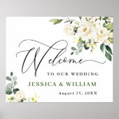 Elegant Eucalyptus White Roses Weddenschap Welkom Poster (Voorkant)