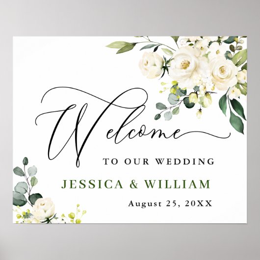 Elegant Eucalyptus White Roses Weddenschap Welkom Poster (Voorkant)