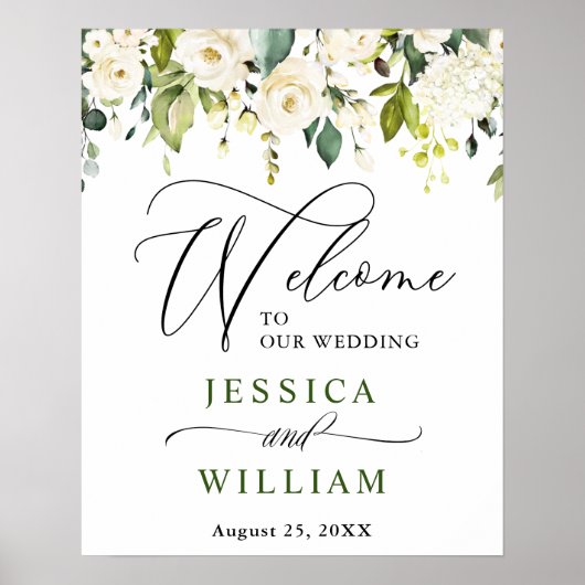 Elegant Eucalyptus White Roses Weddenschap Welkom Poster (Voorkant)