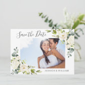 Elegant Eucalyptus White Roses Wedding FOTO Save The Date (Staand voorkant)