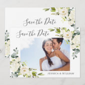 Elegant Eucalyptus White Roses Wedding FOTO Save The Date (Voorkant / Achterkant)