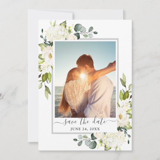 Elegant Eucalyptus White Roses Wedding FOTO Save The Date (Voorkant)