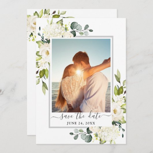 Elegant Eucalyptus White Roses Wedding FOTO Save The Date (Voorkant / Achterkant)