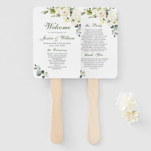 Elegant Eucalyptus White Roses Wedding Program Han Handwaaier (Voorkant en achterkant)