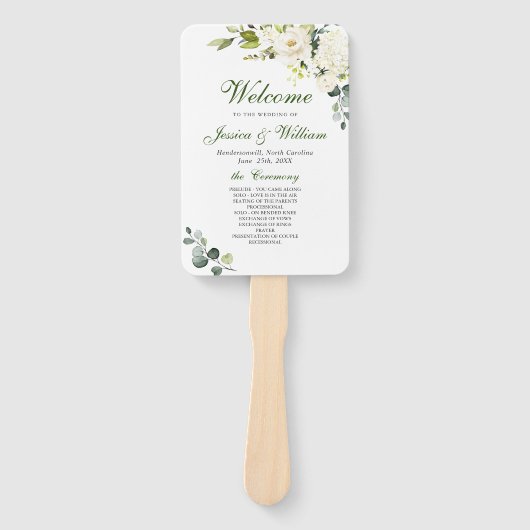 Elegant Eucalyptus White Roses Wedding Program Han Handwaaier (Voorkant)
