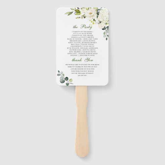 Elegant Eucalyptus White Roses Wedding Program Han Handwaaier (Achterkant)