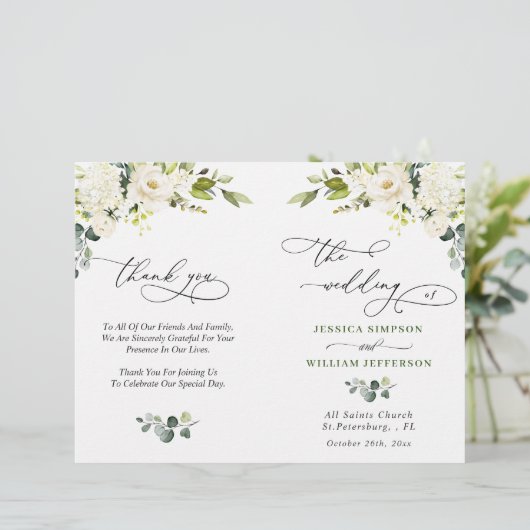 Elegant Eucalyptus White Roses Wedding Programme (Staand voorkant)
