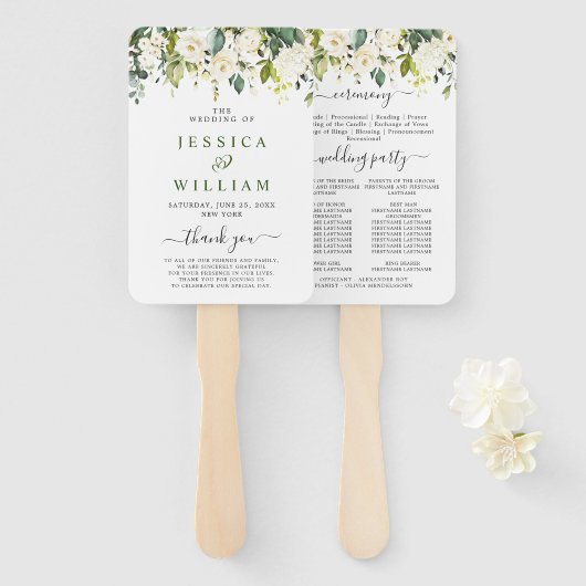 Elegant Eucalyptus White Roses Wedding Programme Handwaaier (Voorkant en achterkant)