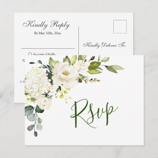 Elegant Eucalyptus White Roses Wedding RSVP Briefkaart (Voorkant / Achterkant)