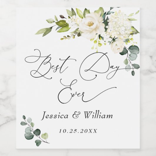 Elegant Eucalyptus White Roses Wedding Wijn Etiket (Enkel label)