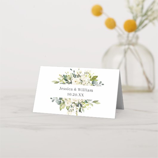 Elegant Eucalyptus White Roses Weduwgoedkaart Plaatskaartje (Achterkant)