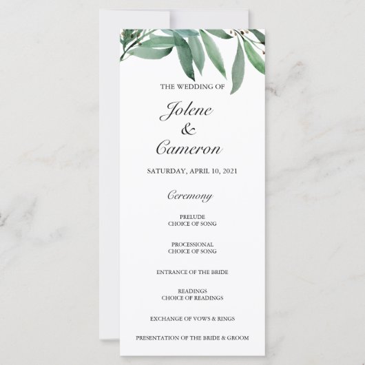 Elegant Eucalyptus White Wedding Programme (Voorkant)