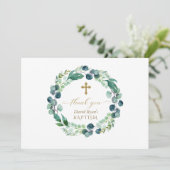 Elegant Eucalyptus Wreath Gold Photo Boy Baptisme Bedankkaart (Staand voorkant)