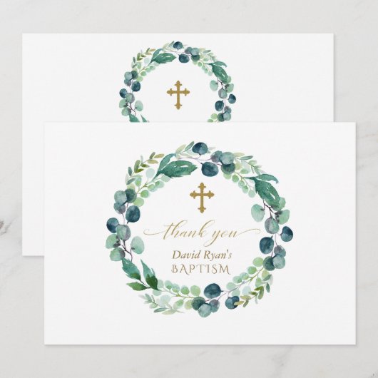 Elegant Eucalyptus Wreath Gold Photo Boy Baptisme Bedankkaart (Voorkant / Achterkant)