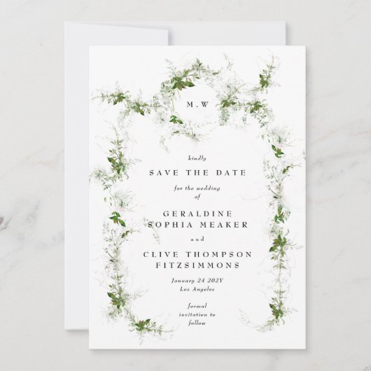 Elegant Eucalyptus Wreath Monogram Weddenschap Save The Date (Voorkant)