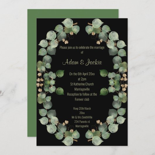 Elegant Eucalyptus Wreath Wedding Black Kaart (Voorkant / Achterkant)