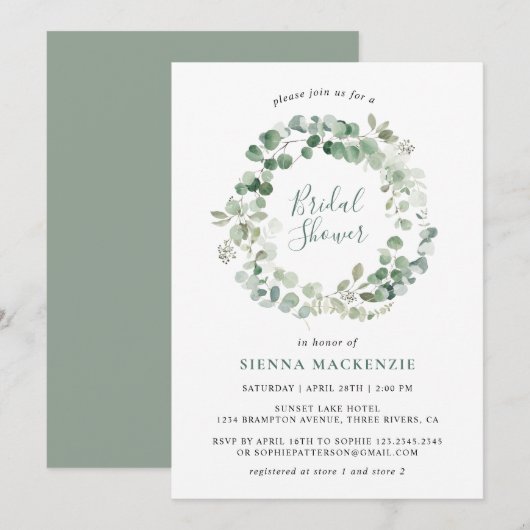 Elegant Eucalyptus Wreator Bridal Shower Invitatio Kaart (Voorkant / Achterkant)