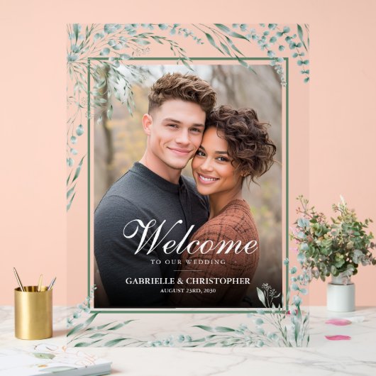 Elegant Eucalyptusblad Bruiloft Welkom Foto Acryl Bord (Huwelijk)