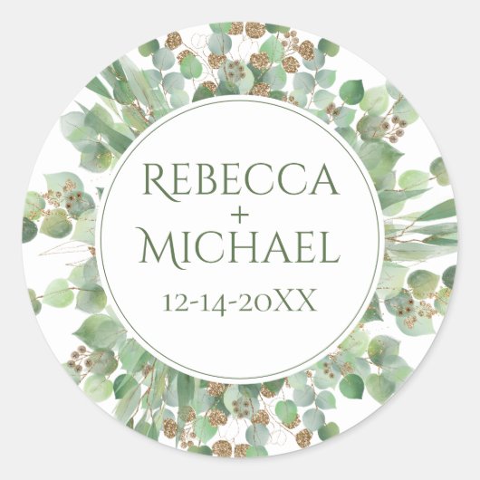 Elegant Eucalyptusblad Groene Huwelijk Ronde Sticker (Voorkant)