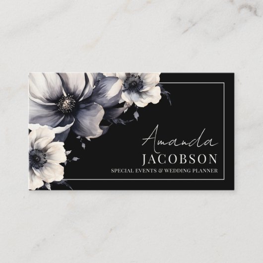 Elegant Evenement Bruiloft Planner Zwart Bloemen Visitekaartje (Voorkant)
