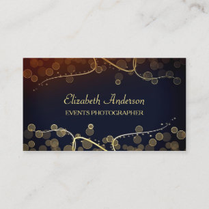 Elegant Evenementen Fotograaf Zwart en Goud Bokeh Visitekaartje