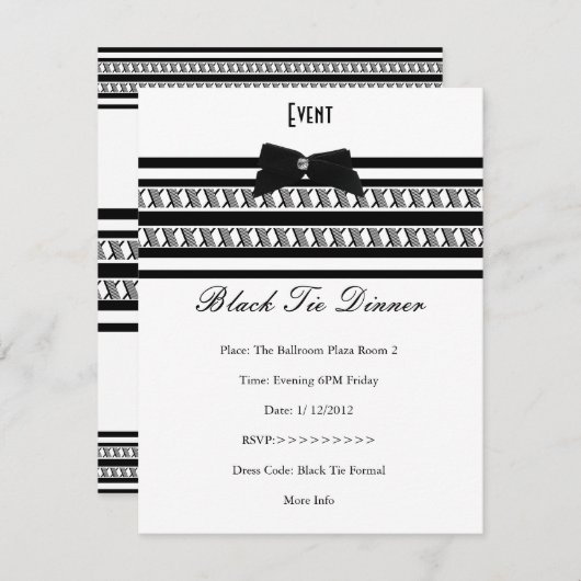 Elegant Event Formele Black Stropdas White Dinner Kaart (Voorkant / Achterkant)