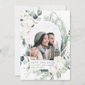 Elegant Evergreen & Cotton Flowers Arch Photo Save The Date (Voorkant)