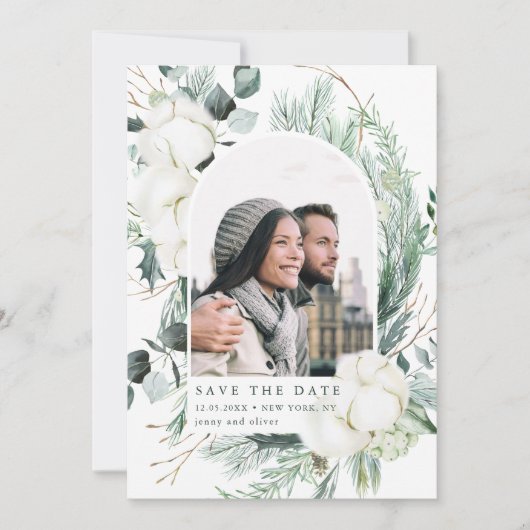 Elegant Evergreen & Cotton Flowers Arch Photo Save The Date (Voorkant)