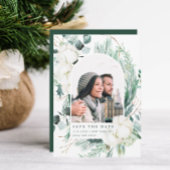 Elegant Evergreen & Cotton Flowers Arch Photo Save The Date