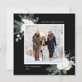 Elegant Evergreen & Cotton Flowers Photo Black Feestdagenkaart (Voorkant)