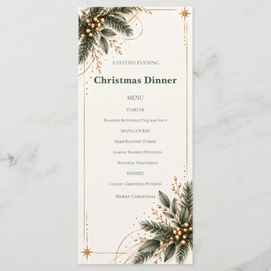 Elegant Evergreen Gold Christmas Dinner Menu (Voorkant)