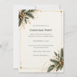 Elegant Evergreen Gold Christmas Party Invitation Kaart