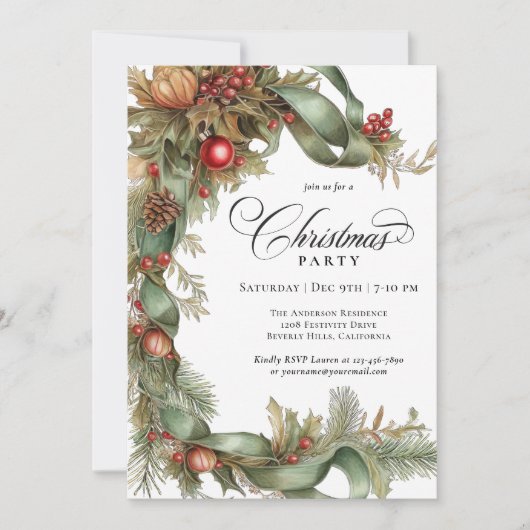 Elegant Evergreens en linten kerstfeest Kaart (Voorkant)