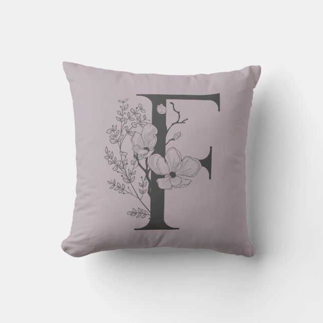 Elegant F Boho Floral Monogram Initiaal Lila grijs Kussen (Voorkant)