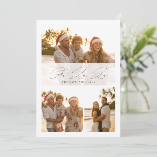 Elegant Fa La La Script Beach Family 3 Photo Feestdagenkaart (Staand voorkant)