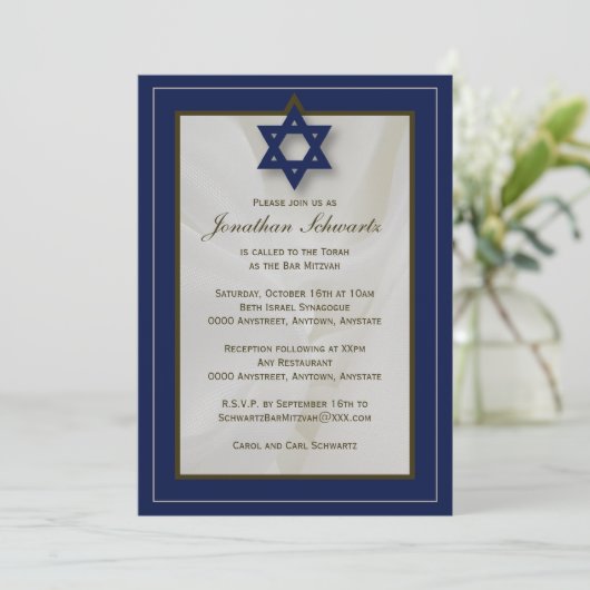Elegant Fabric Bar Mitzvah Invitation in Navy Kaart (Staand voorkant)
