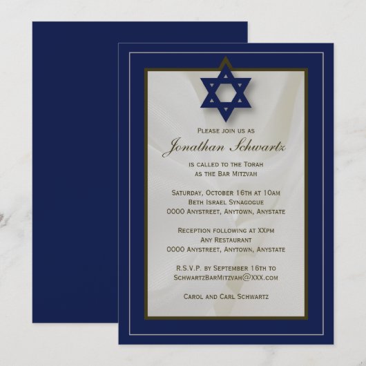 Elegant Fabric Bar Mitzvah Invitation in Navy Kaart (Voorkant / Achterkant)