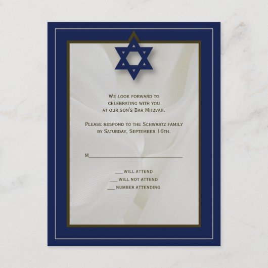 Elegant Fabric Bar Mitzvah Reply Card bij de marin RSVP Kaartje (Voorkant)