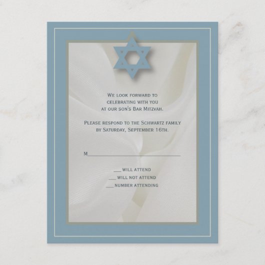 Elegant Fabric Bar Mitzvah Reply Card in Blue RSVP Kaartje (Voorkant)