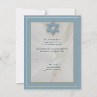 Elegant Fabric Bar Mitzvah Reply Card in Blue RSVP Kaartje