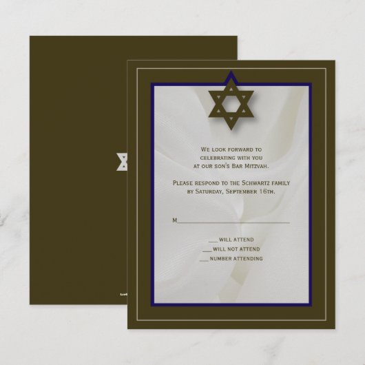 Elegant Fabric Bar Mitzvah Reply Card in bruin RSVP Kaartje (Voorkant / Achterkant)