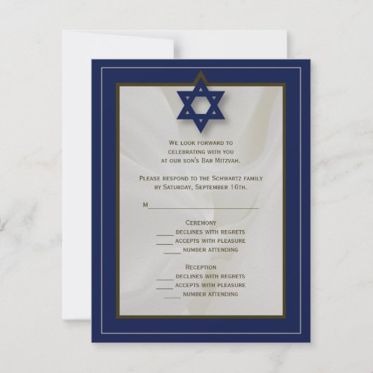 Elegant Fabric Bar Mitzvah RSVP Reply Card in Navy (Voorkant)