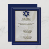 Elegant Fabric Bar Mitzvah RSVP Reply Card in Navy (Voorkant / Achterkant)