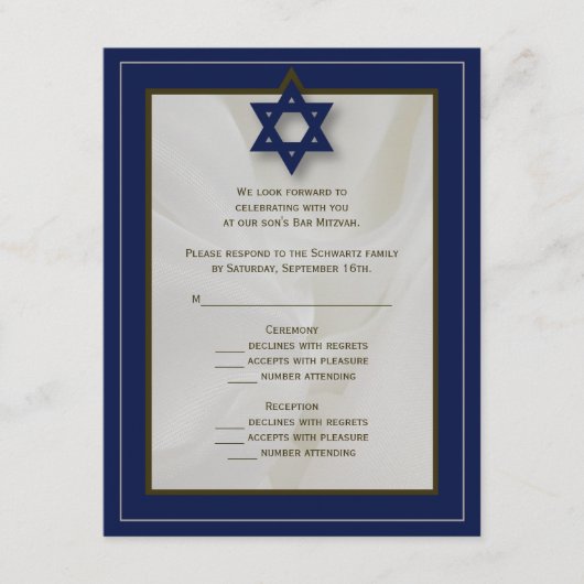 Elegant Fabric Bar Mitzvah RSVP Reply Card in Navy (Voorkant)