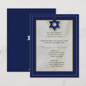 Elegant Fabric Bar Mitzvah RSVP Reply Card in Navy (Voorkant / Achterkant)