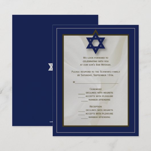 Elegant Fabric Bar Mitzvah RSVP Reply Card in Navy (Voorkant / Achterkant)